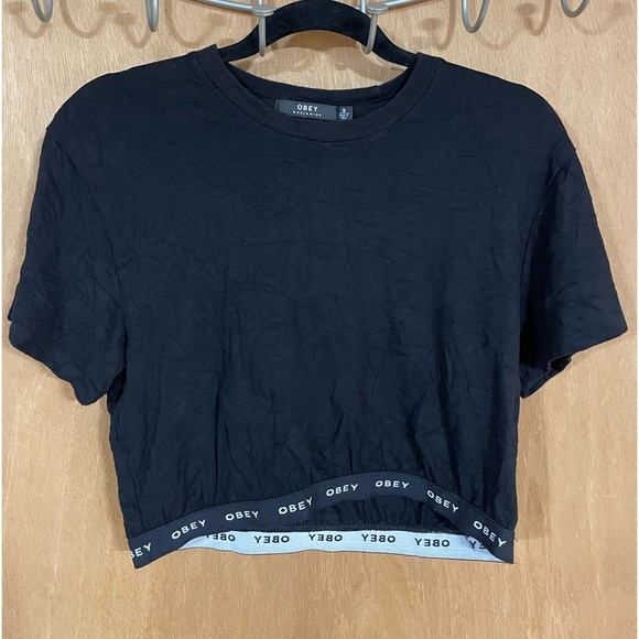 #173- OBEY- cinched waist black crop - Picture 1 of 2